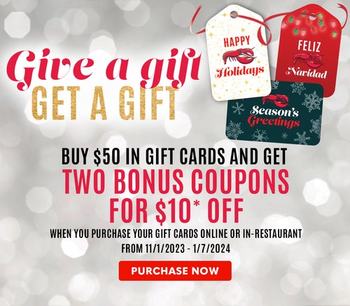 Buy $50 in gift cards and get two bonus coupons for $10 off*